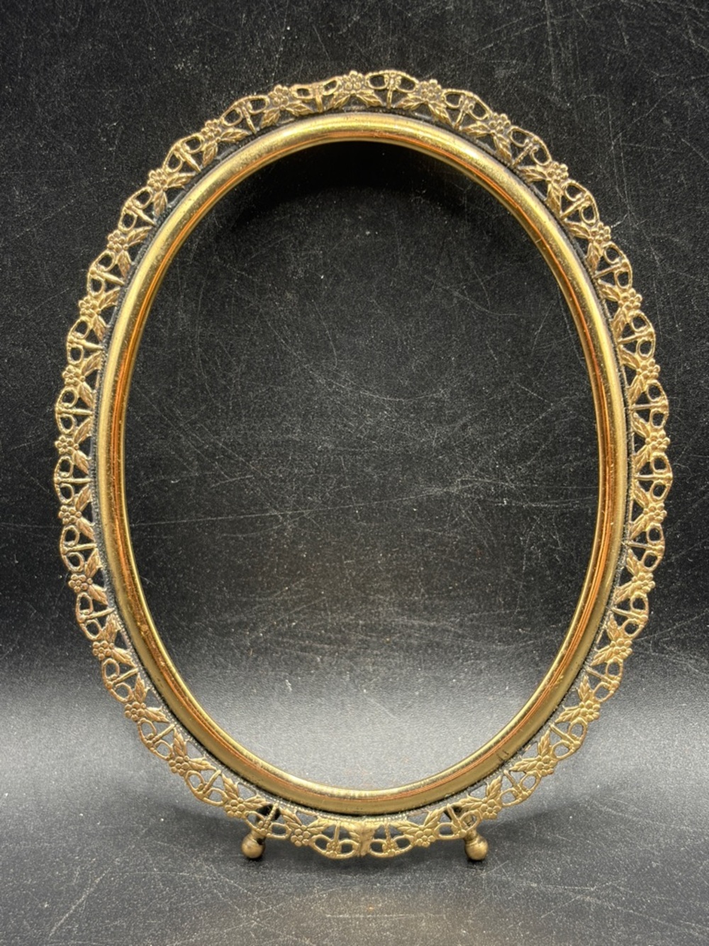 Vintage Floral Motif Gold Tone Metal Filigree Oval Frame with Ball Feet